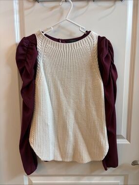 Cream Knit vest(loft) with Burgundy Puff Sleeve blouse (Banana Republic)
